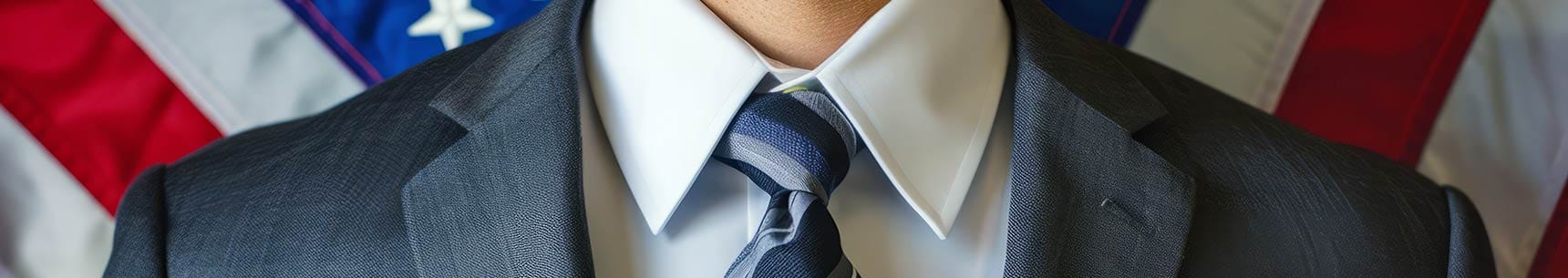 Man Wearing Suit with American Flag in the Background